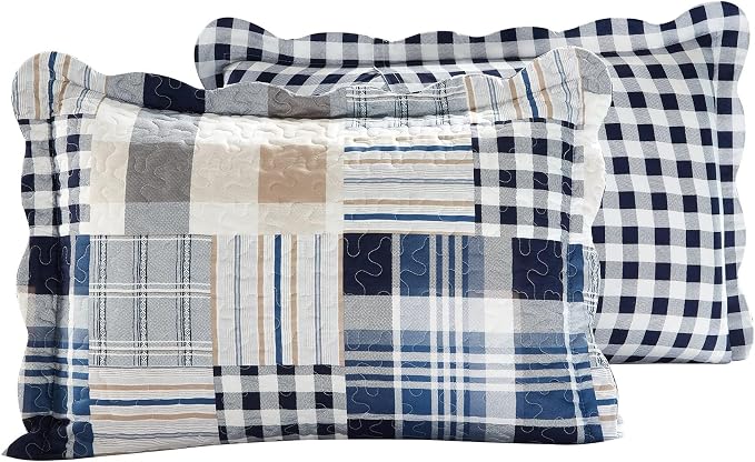 Brilliant Sunshine Multi Blue Plaids & Stripes Pillowshams Set, 20"x26"+2" | Patchwork Design, Quilted Standard Pillowcases, Washable Scallop Edge Pillow Covers, Pack of 2