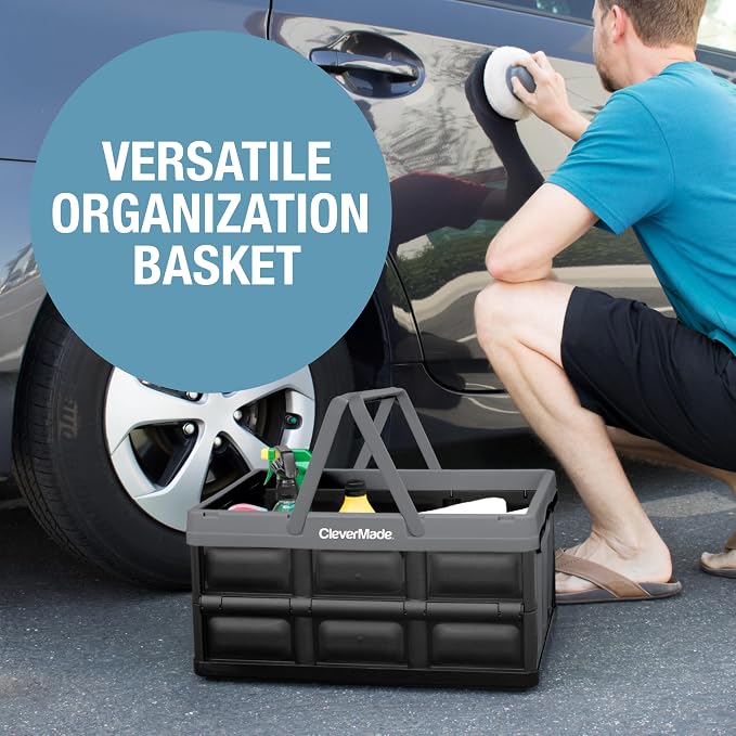 CleverMade Collapsible Shopping Basket, 32L Storage Crate, 3 Pack, Stone | Carry Bigger Grocery Hauls with Confidence | Rigid Walls Hold 35 lb, While Top and Side Handles Balance the Load