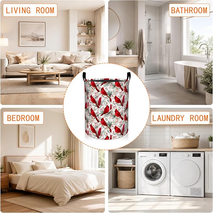 Elegant Cardinal Bird Laundry Basket, Red Berry Branch Oxford Cloth Dirty Clothes Collapsible Hamper for Room Decor, Winter Gifts, Toy Organizer 19.7 x 15.7 Inches for Bedroom Bathroom Dorm