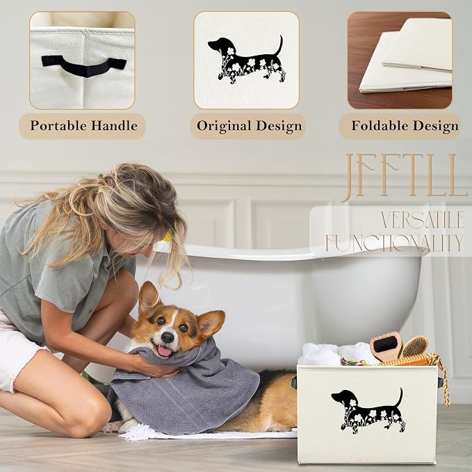 Black Floral Dachshund Dog Toy Basket, Dachshund Home Decor, Weiner Dog Gifts for Women Men Collapsible Pet Dogs Toy Storage Bin Box Basket Organizer, Pet Supplies for Dogs