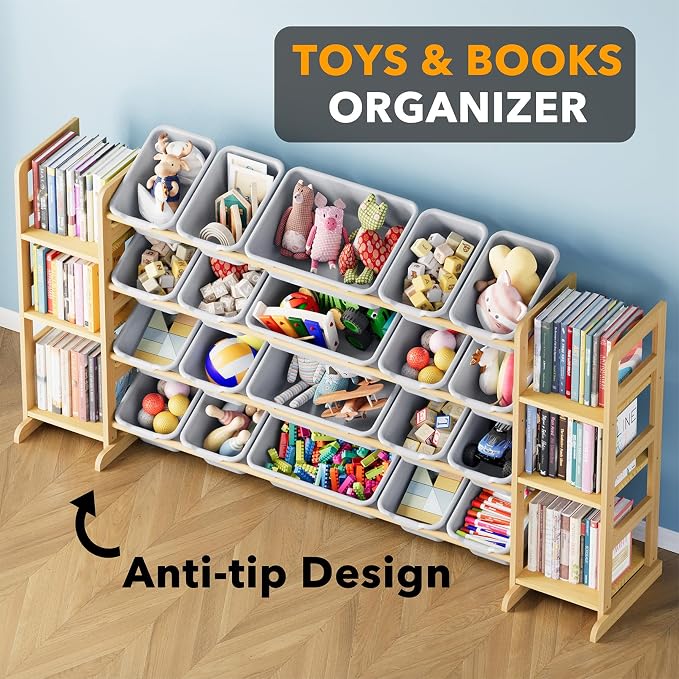 SpaceAid Toy Storage Organizer with 6 Shelves and 20 Bins, Toy Organizers Storage Bookshelf, Kids Bin Shelf Toys Box Bookcase for Bedroom Playroom Organization Room Decor, Neutral Gray