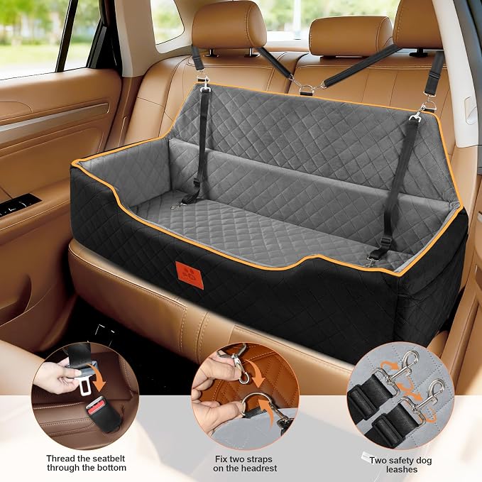 XIEEAOZEE Large Dog Car Seat for Pets Under 100 lbs, Backseat Dog Car Bed | Washable Pet Booster Seat for 2 Medium Dogs, Pet Travel Seat with Storage Pockets, Safety Belts