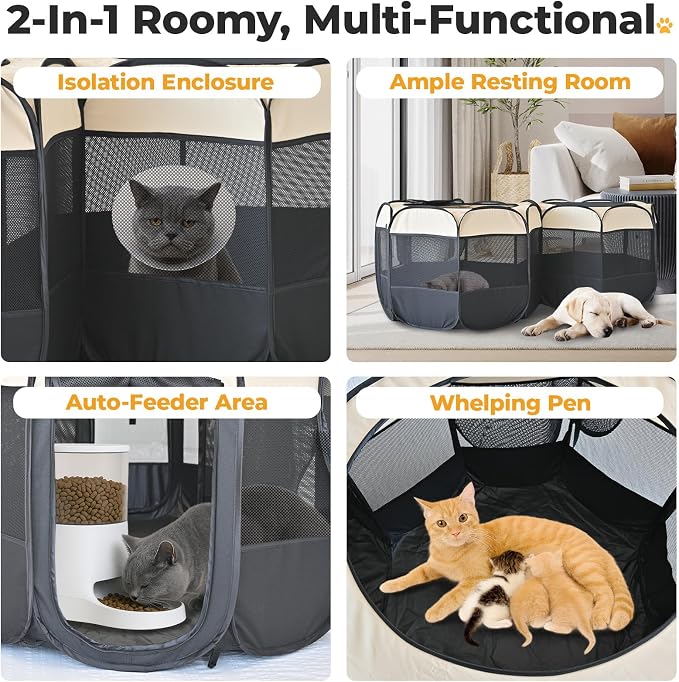 EighteenTek® 2-in-1 Pop Up Cat Playpen XLarge, Dog Puppy Pet Playpen, Indoor Outdoor Cats Enclosed, Cat Tent House Crate Cage, Portable & Foldable Playpen for Kittens(No Divider, Unified Space)