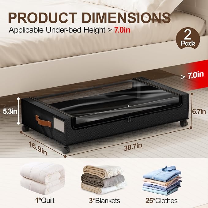 LAMU Under Bed Storage with Wheels, 2Pack Underbed Storage Containers,Black | Smooth-rolling Wheels, Clear Lid & Label, Sturdy Metal Frame, Easy Install, Rolling Storage Drawers for Clothes, Shoes, Toys