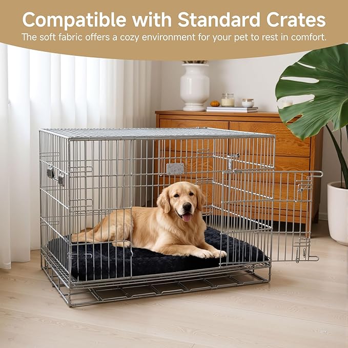 Exsnugy Washable Dog Bed Mat Medium Size Fluffy Pet Crate Pad 30x19 | Non-Slip Bottom Kennel Beds Ultra Soft Comfy Sleeping Mattress for Large Medium Small Dogs Black