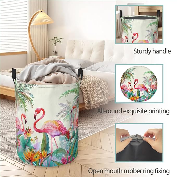 Laundry Basket With Handle, Dirty Clothes Laundry Hamper, Oxford Cloth Bin Storage Organizer for Toy Collection (Palm Tree Flamingo)