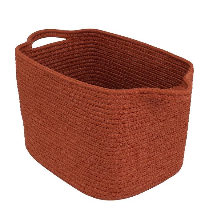 XUANGUO Woven Cotton Rope Storage Basket with Handles 13x10x9 inch Rustic | Woven cotton rope basket for shelves and closets. Perfect for toys, books, clothes, nursery storage and gift baskets.