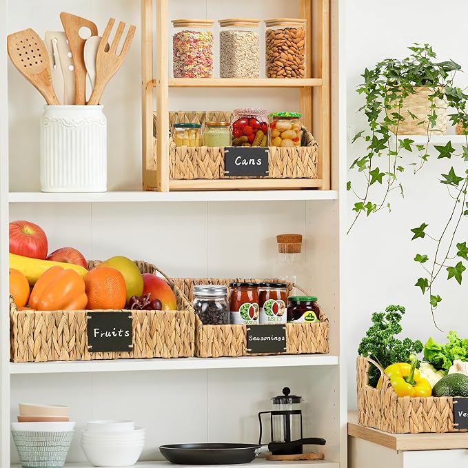 Woven Kitchen Basket for Organizing, Storage Bins for Shelf | Handwoven Wicker Basket with Built-in Handles, Laundryroom Organization Pantry Organizers and Storage for Snack Cans
