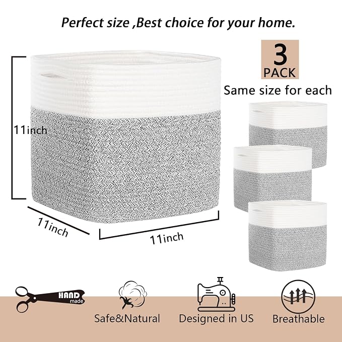 COMFY-HOMI 3PACK Cotton Rope Square Basket with Handles for Shelves|Dog Toy Bin and Storage|Baby Gift|Shoe Organizer|New 11" x 11" x 11" for Living Room