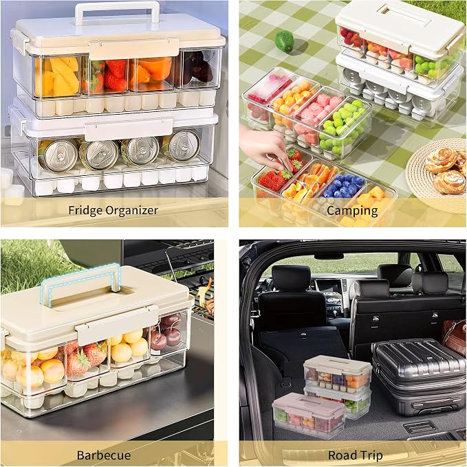 2Pack Ice Chilled Condiment Caddy with 4 Removable Containers Taco Ingredient Server with Lid Cooled Garnish Caddy Tray for Taco Mimosa Bar Sauce Fruits&Veggies Beige