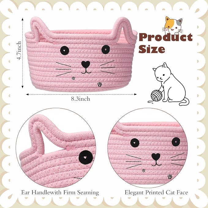 Zopeal Cat Storage Basket Woven Organizer with Ears Decorative Gift Cute Cotton Rope Pet Toy Basket for Gift Cat Dog Toy Bin Nursery Room(8.3 x 4.7 Inch,Pink)