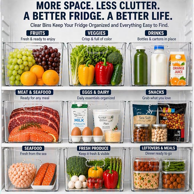 MOONEDGE 6 Pack Clear Organizer Bins 11x8x6in Pantry Organizers and Storage | Clear Containers for Organizing, Plastic Storage Bins with Handles for Drawer, Craft, Fridge, Kitchen Cabinet Shelf