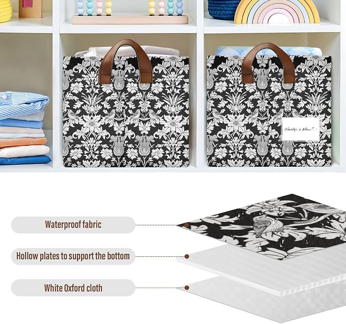 Black and White Cottage Floral Birds Storage Bins for Shelves with Labels&Handles Fabric Organizer Bin Foldable Rectangle Storage Basket Boxes for Closet, Bathroom, Home, Living Room