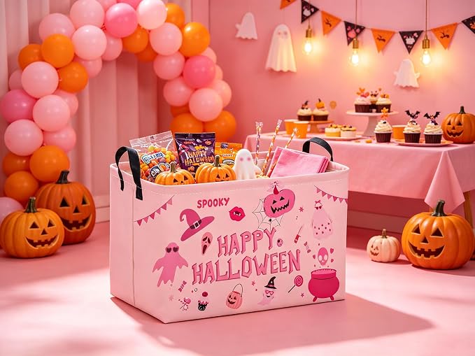 Sanjiaofeng Rectangular Pink Halloween Ghost Storage Basket,Waterproof Foldable Storage Baskets,Trick or Treat Halloween Basket,Halloweens‌ Party Candy Gift Baskets(Pink Ghost)