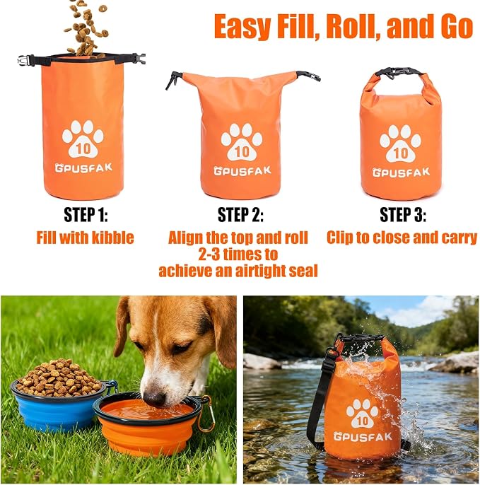 Pet Food Storage Bag with Bowl (64 Cup) - Zip Roll Top Dog Food Travel Bag Waterproof Kibble Container for Camping Road Trips Travel Dog Boarding Weekend Getaways Machine Washable 10L Orange