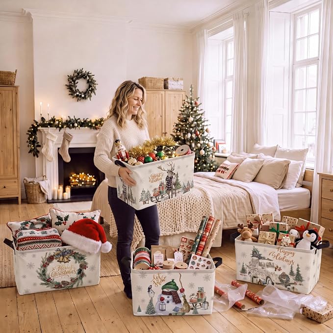 4 Pcs Christmas Storage Basket for Gifts Empty Large Christmas Storage Bins 15 x 10 x 8 Fabric Laundry Baskets with Handle Xmas Collapsible Organizer Boxes for Home Office Gifts Toys Books