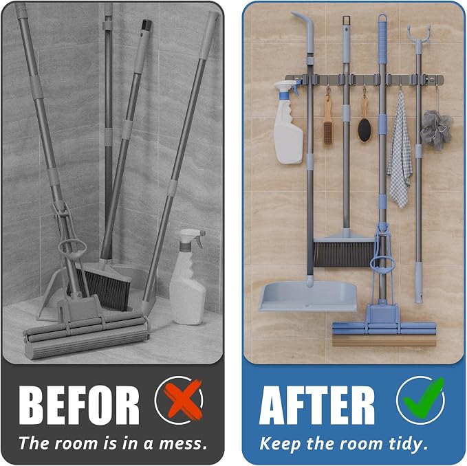 Wall Mounted Broom and Mop Organizer Stainless Steel Storage Rack | Heavy Duty 4 Racks with 5 Hooks Holder for Garden Tools, Space Saving Home, Garage, Kitchen and Laundry Organization