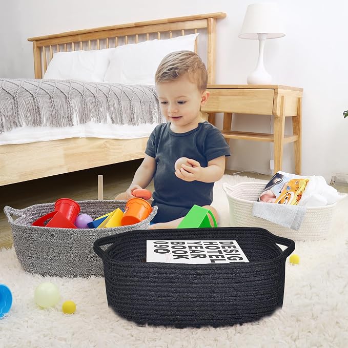 ABenkle Small Storage Basket with Handles, Cotton Rope Woven Dog Cat Toy Bin, Decorative Shelves Closet Organizing for Nursery Laundry Bedroom Bathroom, 14.2''x 11''x 5.1''