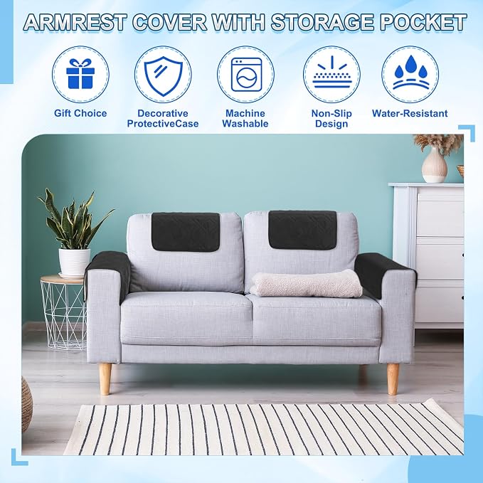 uxcell 3Pcs Sofa Armrest Covers, Armchair Covers with Side Storage Pocket Waterproof Recliner Chair Protector Anti-Slip Couch Arm Headrest Furniture Protect for Home Living Room, Black
