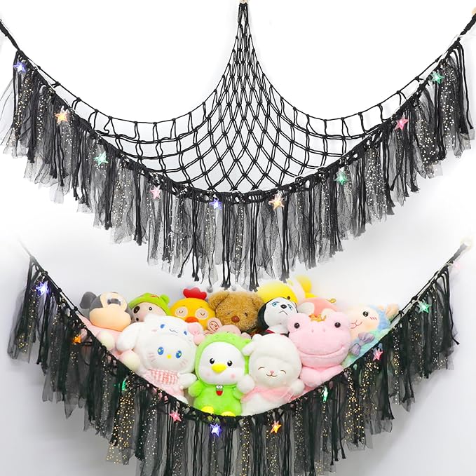 Stuffed Animal Hammock with LED Lights - 59 Inch Large Toy Storage Net for Kids Bedroom, Wall-Mounted Plush Organizer with Wooden Rings, Nursery Decor (Handwoven, Black)