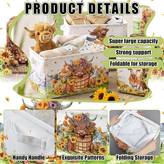 4 Pcs Highland Cow Storage Bin Collapsible Western Cow Themed Fabric Storage Basket with Handle American Country Style Organizer for Home Bathroom Bedrooms Baby Clothes Toys Books
