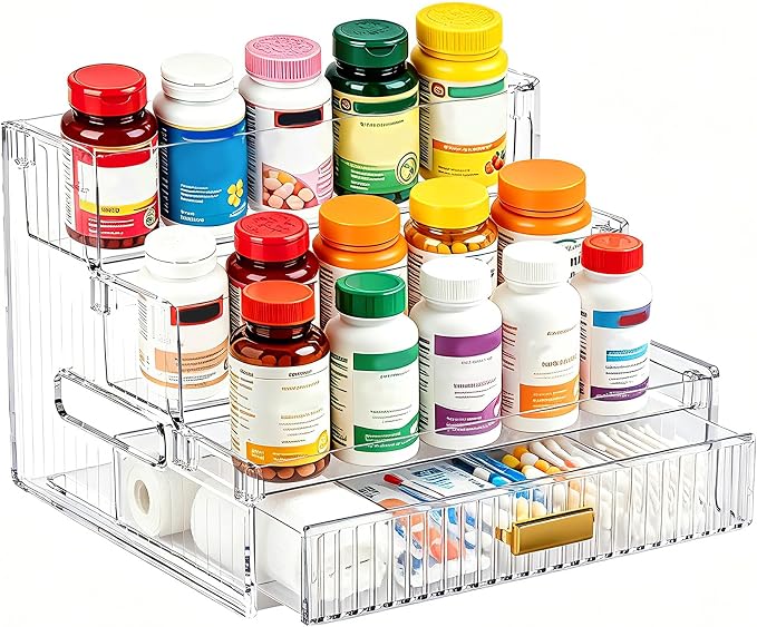 3-Tier Vitamin Storage Organizer with Drawers Organizer For Medicine Bottle | Organizer For Vitamin Bottles And Medicine Bottle,Vitamin Bottle Organizer for Countertop,Bathroom Cabinet Storage Organizer
