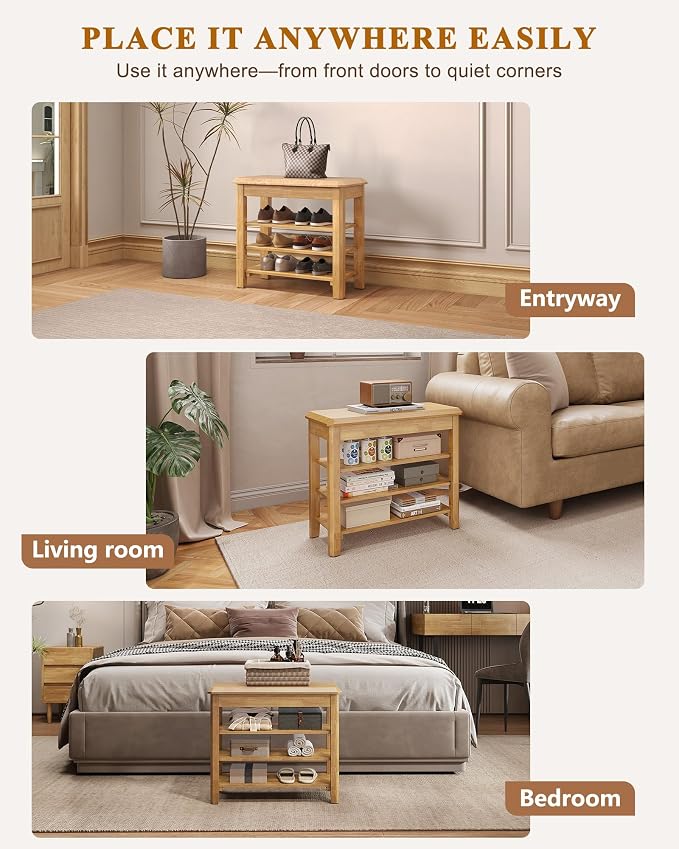 IUNVR Shoe Rack Bench Seat Rubberwood 3-Tier Wooden Storage Bench 550lbs Compact Mid-Century Modern Design for Entryway, Hallway, Closet, Front Door Entrance, Foyer
