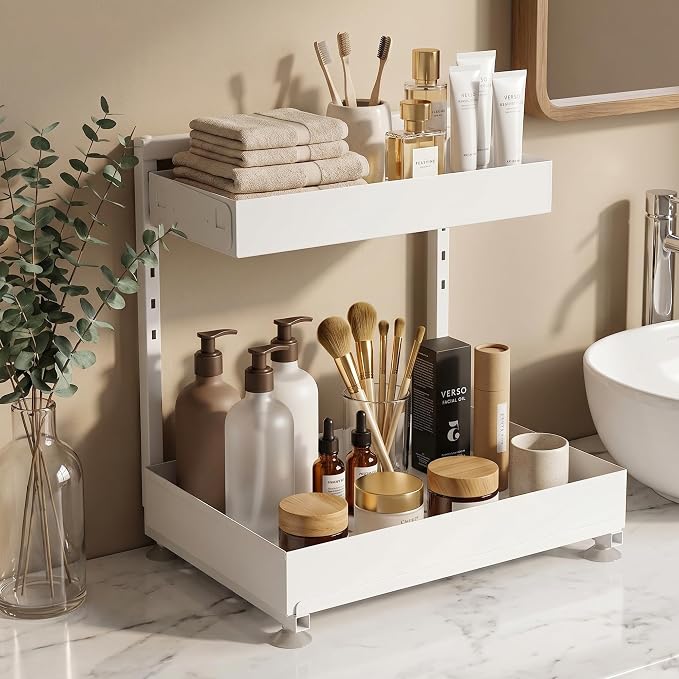 Under Sink Organizer 2 Pack, 2-Tier Metal Slide-Out, Height Adjustable | 2-pack pull-out under sink shelf, 2-tier cream white metal, adjustable height, fits U-pipes, 50lbs hold