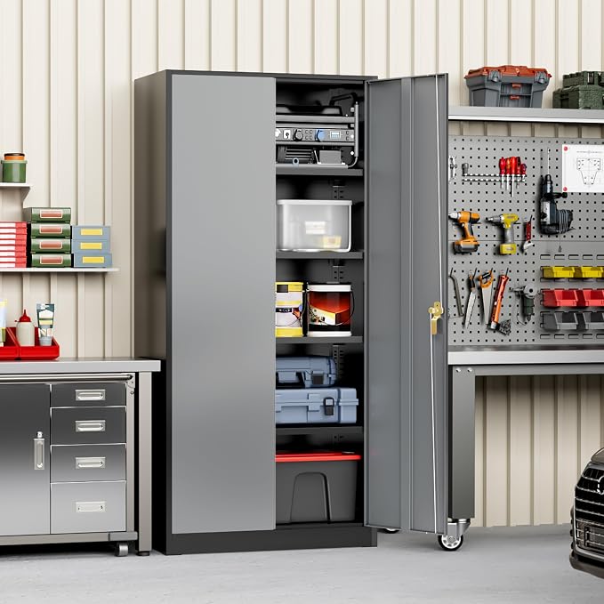 Greenvelly Metal Storage Cabinet with Doors and Shelves, 72" Inch Locking Metal Cabinet,Garage Storage Cabinet for Garage Office School Warehouse (Black Gray)