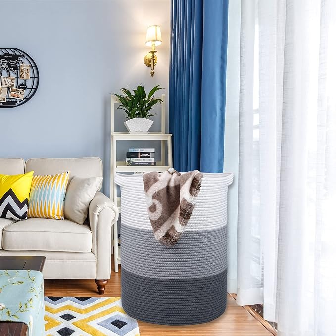 Cotton Rope Blanket Basket, 72L Tall Laundry Hamper, White & Gray