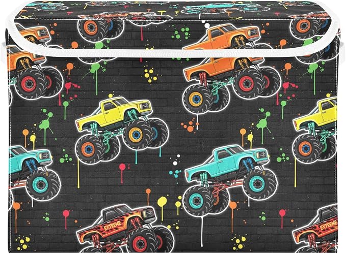 Storage Bins with Lid Monster Truck Foldable Storage Boxes 40L Baskets | Decorative Storage Boxes, Dust-Proof Flip Top, Reinforced Handles, For Home & Bedroom, Clothes & Toy Box, Oxford Fabric Print