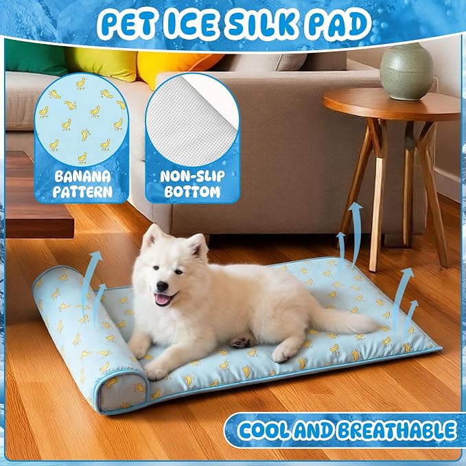 DoubleFill 4 Pack Cooling Pet Mats 15.7" x 23.6" Cooling Dog Beds with Supportive Pillow Self Ice Washable Cool Pads Summer Cat Sleeping Pad with Storage Bag for Summer Crate Floor (Small, Blue)
