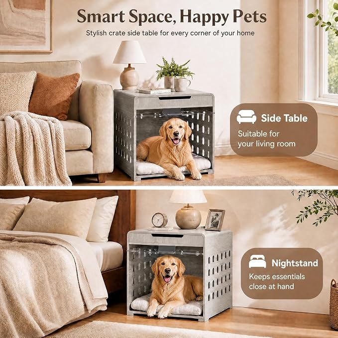 Modern Dog Crate Furniture Wooden Kennel Charging Station End Table Grey | Nightstand, Dog Cage Indoor, up to 110 lb, Flip-Up Acrylic Door, Storage Drawer, for Large Medium Dogs, Living Room Bedroom