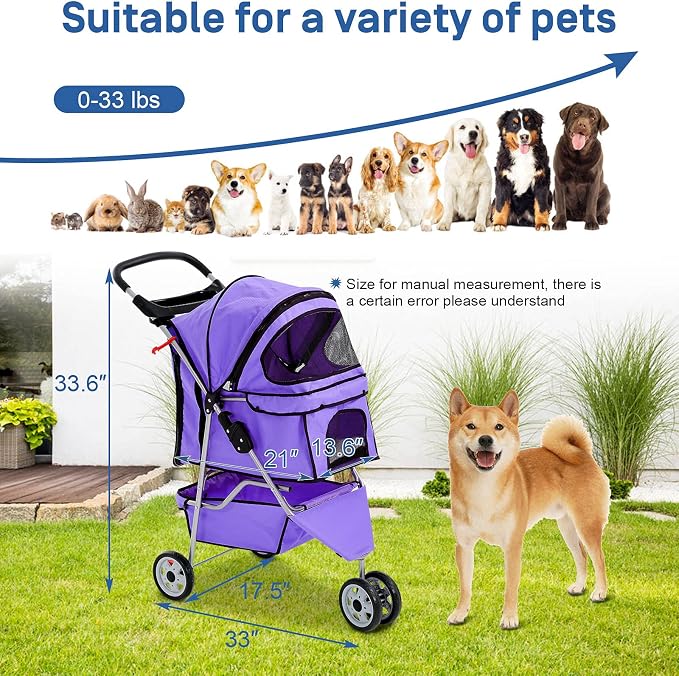 Best 3 Wheels Pet Stroller for Dog Stroller Cat Stroller, Lightweight & Foldable Pet Jogger Stroller, Carrier Strolling Cart W/Cup Holders Removable Liner for Small and Medium Dog Cat or Pet - Purple