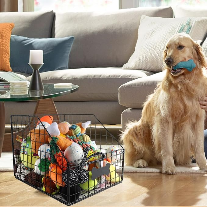 Dog Toy Basket,Large Dog Toy Box Metal,Pet Toy Storage Baskets,Storage Containers for Medium and Small Dog Organizers,Dog Toys Organizer Holder Boxes for Living Room,Outdoor Toy Bin,Pet Food Storage