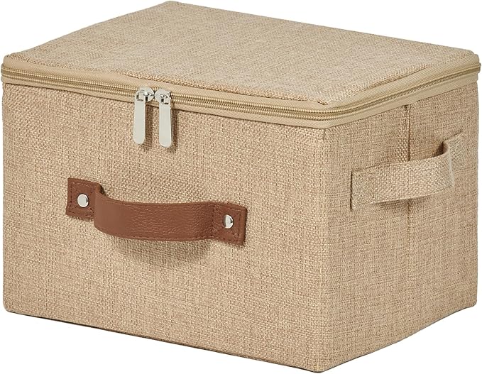 Storage Bins with Zipper Lids Decorative Lidded Baskets Boxes | Clothes Container, Closet Shelf Organizer, Foldable Washable, Cotton Linen Fabric, w/ PU Leather Handles, Linen Color, Small
