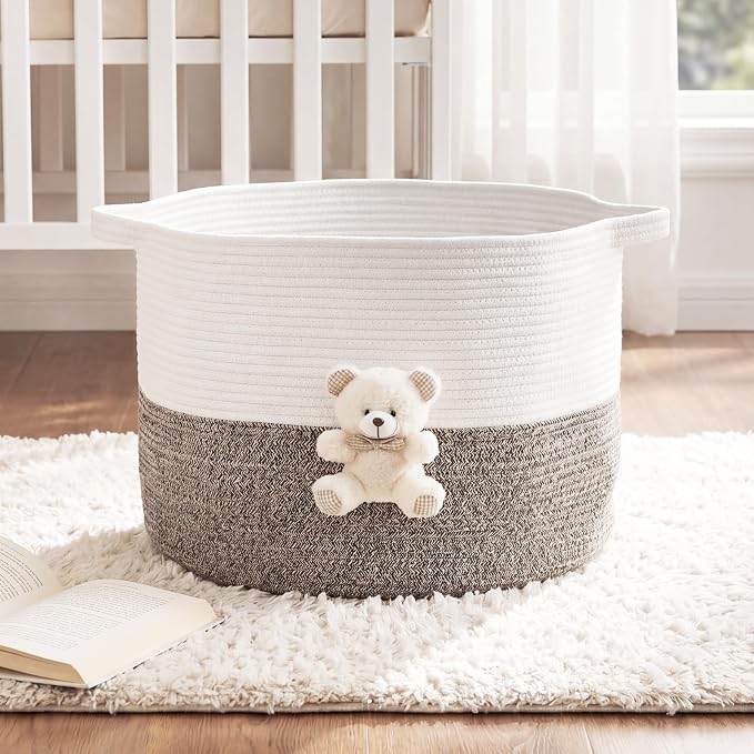 LemonRoad Extra Large Basket 20"x14", Woven Basket for Laundry Blanket Toy Box with Handle Storage, Blanket Storage for Living Room Nursery Pillows Chest(Cotton Rope,White Bear,Brown)