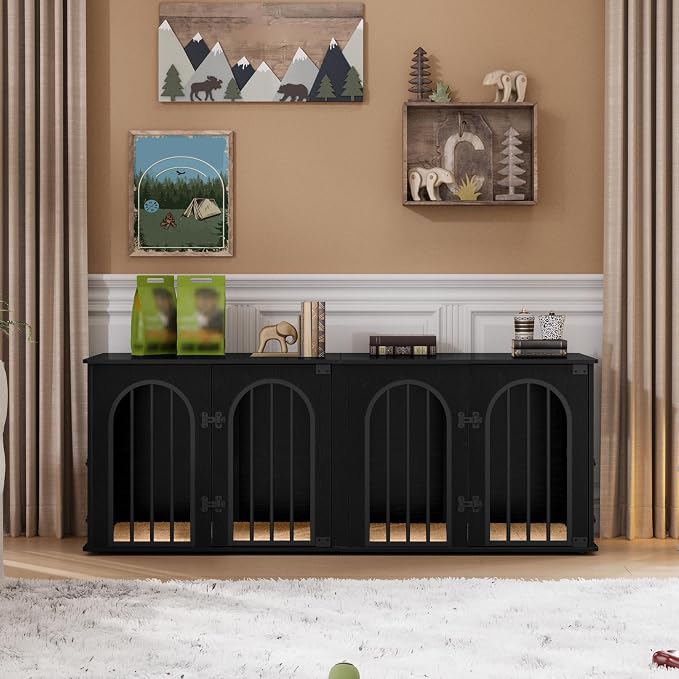 Hzuaneri 63" Double Dog Crate Furniture, Dog Kennel Indoor with Cushion | Heavy Duty Dog Crate Furniture for 2 Dogs,Dog Cage End Table TV Stand with Divider for Med-Large Dogs,Black DFC80904B