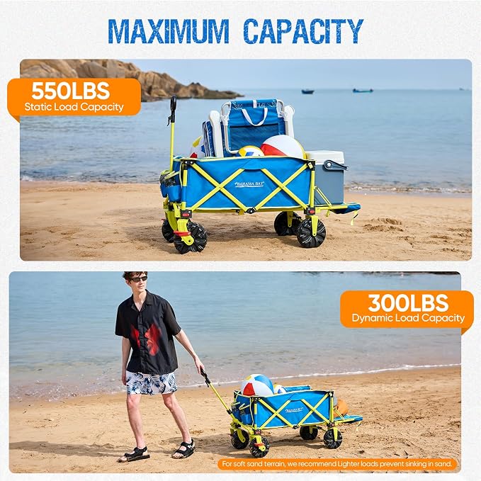 Old Bahama Bay 300lbs Extra Long 49" L Beach Wagon with Big Wheels with Brake for Sand, Collapsible Utility Beach Cart Heavy Duty Folding Wagon,Ideal for Outdoor Sand Camping Garden Pet