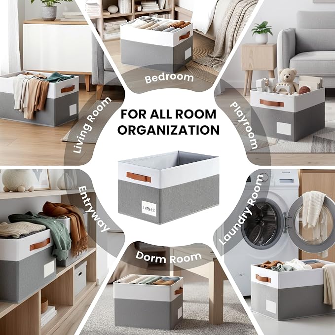 Large Closet Storage Baskets for organizing 4 Pack, Non-Dust-Absorbing Closet Shelf Organizer Bins with Handles & Labels - Decorative Collapsible Baskets for Living Room Bedroom Nursery Dorm