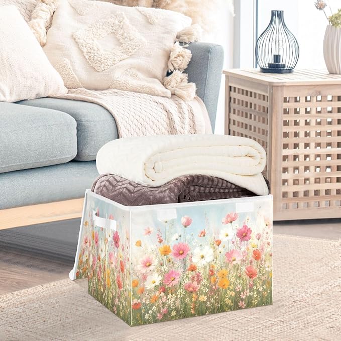 Fabric Storage Bins with Lid Flower Garden Closet Storage Basket 40L | Decorative Storage Boxes, Foldable & Stackable, Dust-Proof Flip Top, Reinforced Handles, For Home & Dorm, Clothes & Toy Box