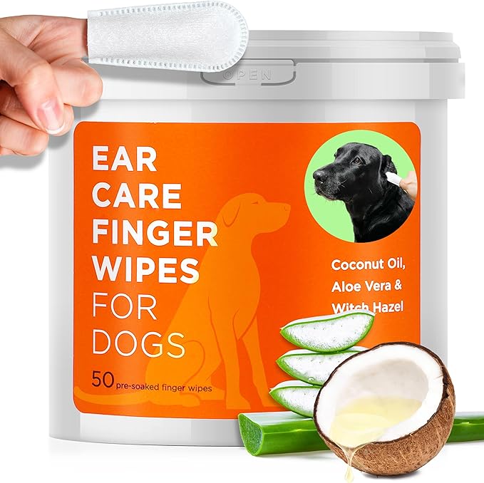 ARCA PET Dog Ear Cleaner Wipes - Vet Formulated Cleanser for Dogs - Ear Itching, Dissolves Wax, Dirt & Odor with Coconut Oil & Aloe Vera (50 Finger Wipes)