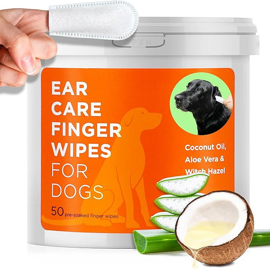 ARCA PET Dog Ear Cleaner Wipes - Vet Formulated Cleanser for Dogs - Ear Itching, Dissolves Wax, Dirt & Odor with Coconut Oil & Aloe Vera (50 Finger Wipes)