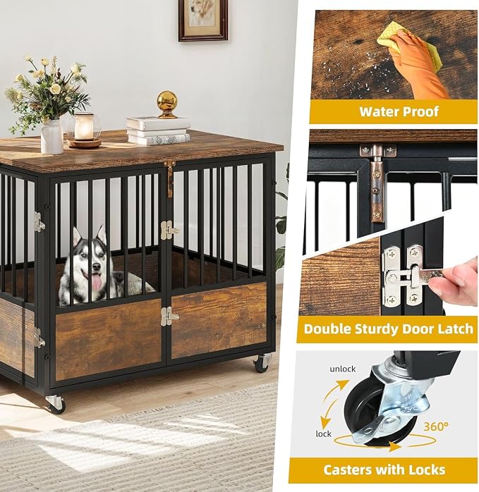 DWVO 38 Inch Dog Crate Furniture with Wheels & Double-Doors | Dog Kennel Indoor Furniture End Table, Farmhouse Decorative Wooden Dog Cage Table, Chew-Resistant, Rustic Brown