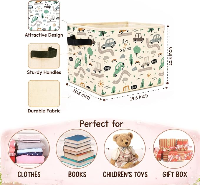 Road Trip Car Foldable Fabric Storage Bin | Let’s Go on a Trip road pattern design; foldable fabric storage bin for kids room, nursery, toys, books, clothes.