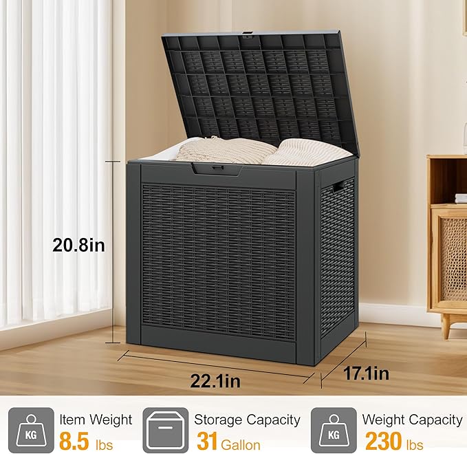 31 Gallon Outdoor Storage Box Waterproof Deck Box for Patio | Black, Resin, Small, Weatherproof, Lockable, Compact, Easy Assembly, Patio Pool Garden Accessories Storage, Organization