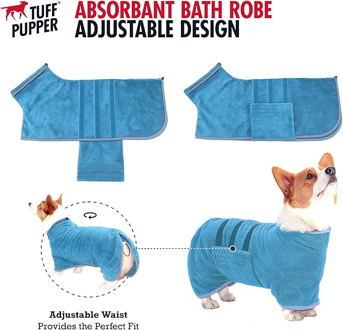 Tuff Pupper Fast Drying Dog Bath Robe | 800 GSM Plush Dog Towel Bathrobe/Dressing Gown | Super Absorbent Pet/Puppy Bathrobe | Adjustable Hood & Belly Strap | Super Soft | Fast Drying (L, Blue)