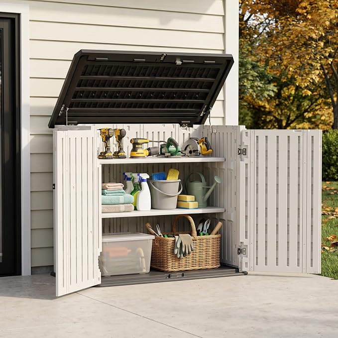 31 Cu.Ft Resin Outdoor Storage Cabinet with 2 Shelves & Floor, Weatherproof Plastic Vertical Outdoor Storage Shed for Garden Backyard Patio Pool Tool