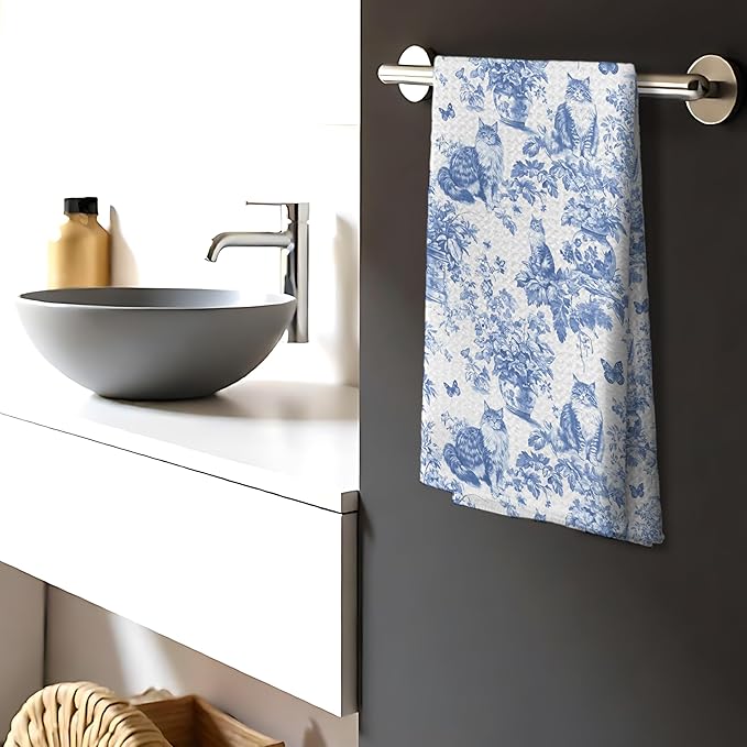 Chinoiserie Floral Maine Coon Kitchen Towels,Blue and White Cat Decor Kitchen Dish Tea Towels Bathroom Gifts for cat Lovers Women Men,16x24 Inch