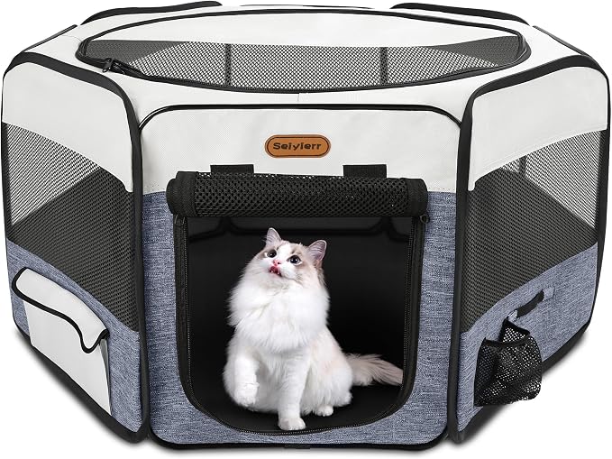 Seiyierr Dog Playpen, Portable Pet Play Pen Foldable Carrying Case, Puppy Pens Outsid for Small Cat Indoor/Outdoor, Removable Mesh Shade Cover